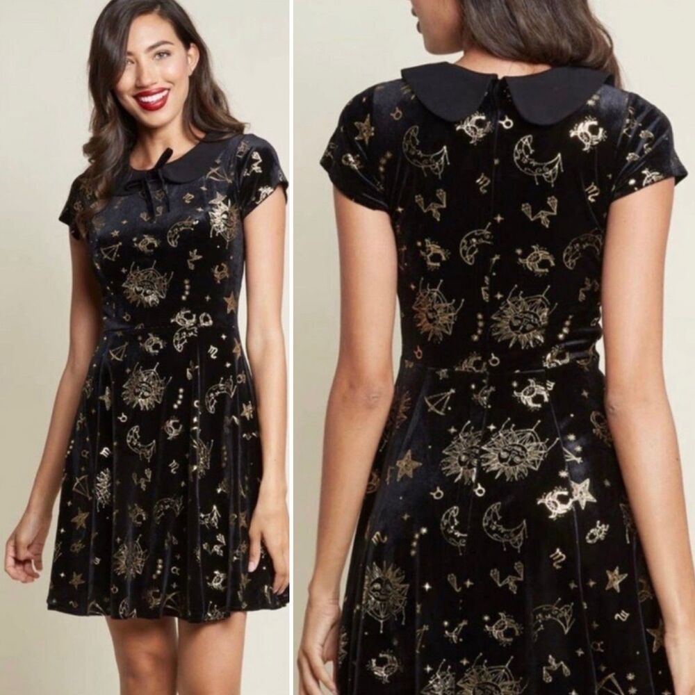 ModCloth X Collectif Zodiac Velvet Florence Skater Dress Blue L